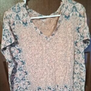 Lucky Brand Paisley Like Print Short Sleeve Shirt - Pink & Blue - Size 1X